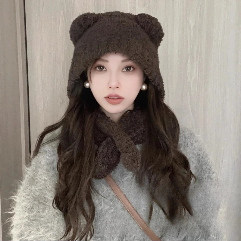 Versatile Knitted Warm Neck Scarf Integrated Bear Ear Protection Hat Qme