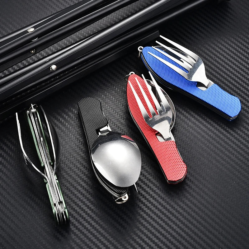 1 Tableware Foldable Stainless Steel Fork Spoon Knife Bottle Opener Qme