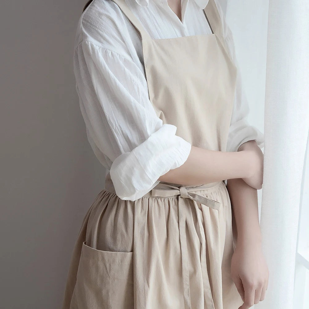 Jananese Summer Apron Art Long Home Baking Dessert Teacher Floral Painting Students Dress Apron For Woman Girl Kitchen Qme Beige