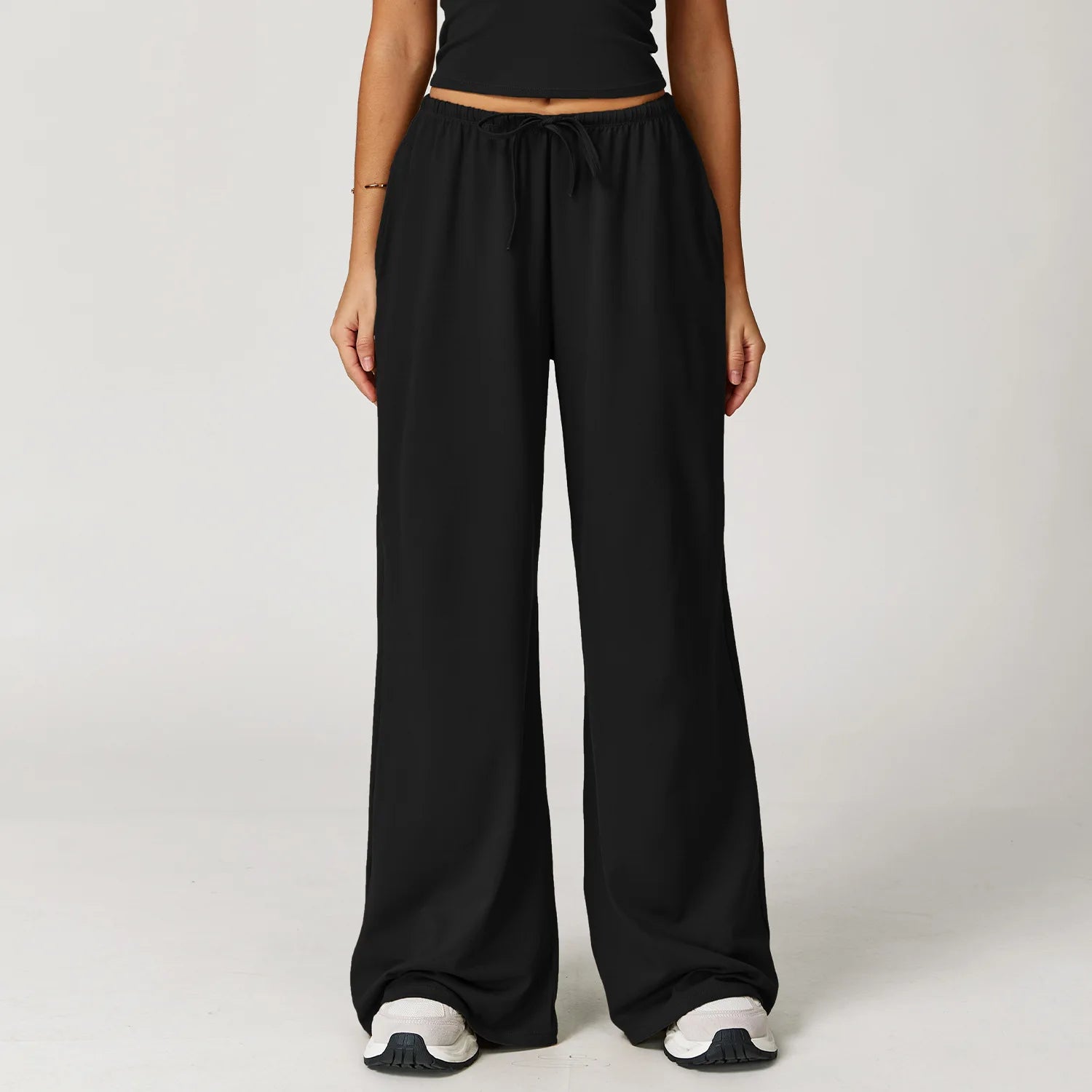 A Women Drawstring High Waist Sports Pants Quick Dry Full Length Wide Leg Yoga Trousers With Pockets For Workout Outdoor Use Qme Advanced Black L