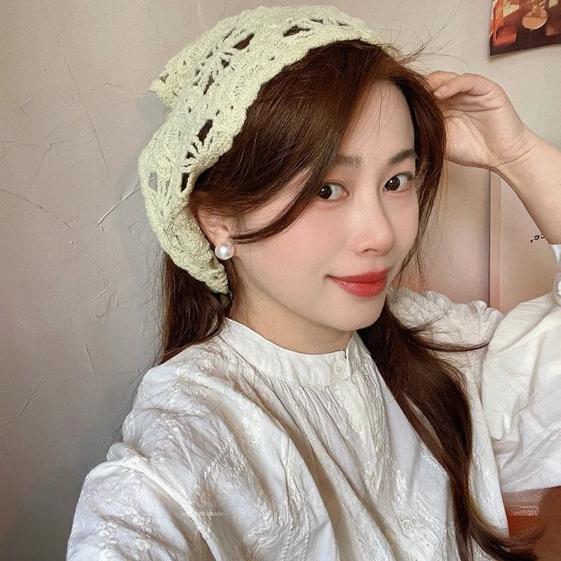 Fashion Knitted Headscarf Hat French Pastoral Style Triangle Headband Knitted Headband Silk Scarf High-end Hair Accessories Qme
