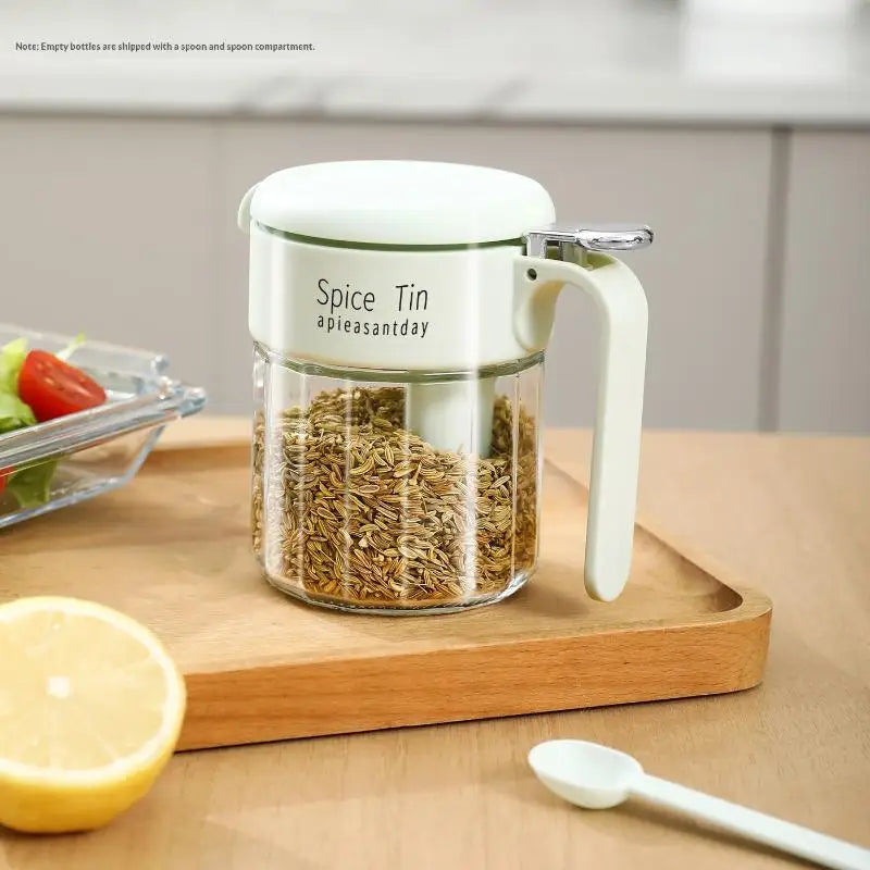 Glass Spice Jar Built-in Spoon Handle Airtight Seasoning Container Qme D