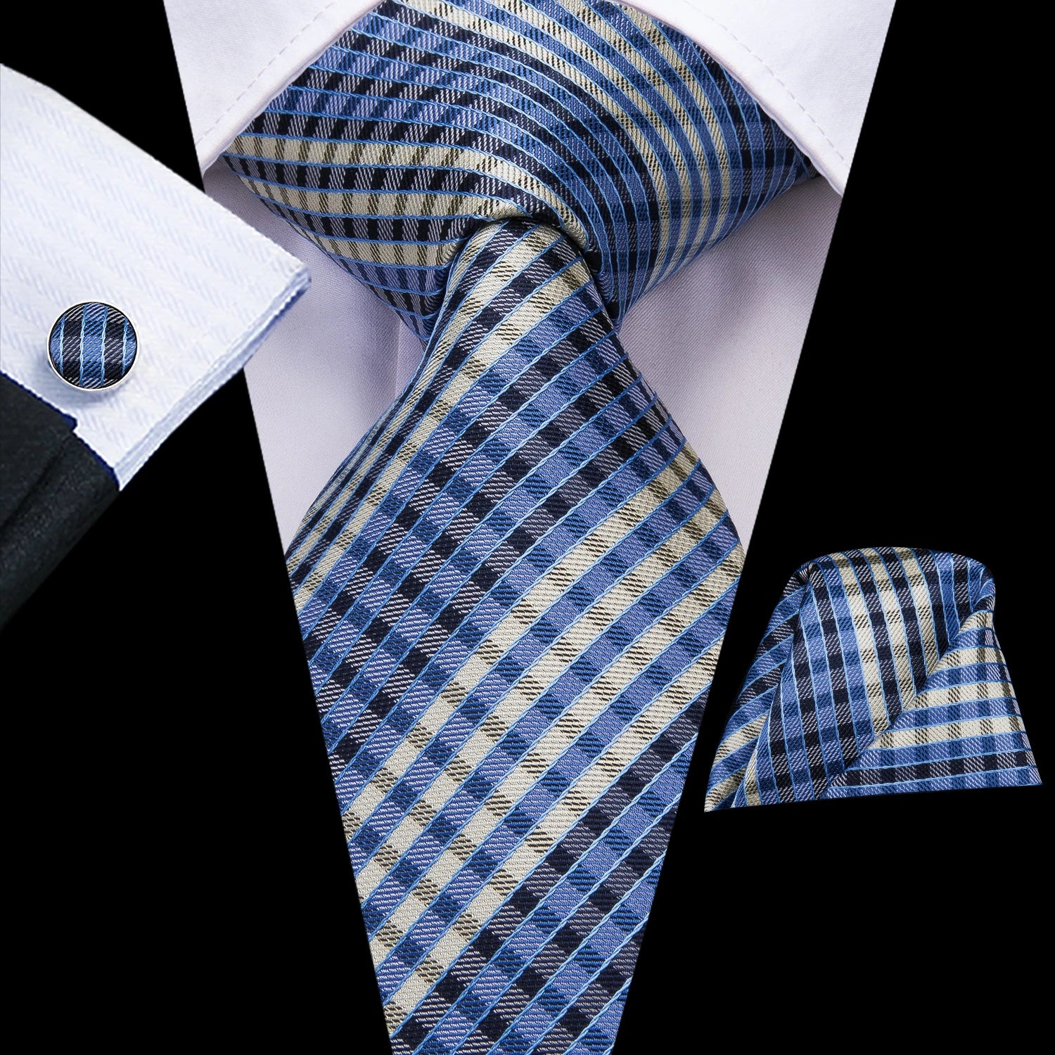 Hi-Tie Blue Orange Elegant Tie For Men Groom Wedding Necktie Pocket Square Cufflink Accessory Wholesale Designer Qme 3213