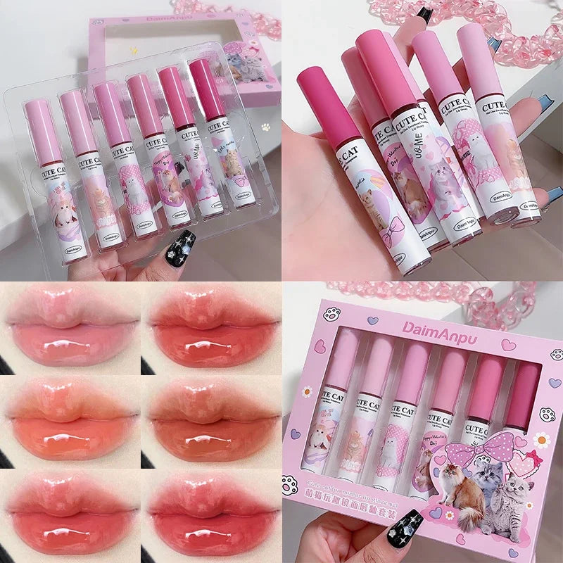 6Pcs/set Cute Cat Mirror Water Lip Gloss Set Red Tint for Lips Makeup Long Lasting Glass Lip Glaze Waterproof Lipstick Kit Qme