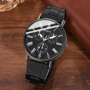 2Pcs Geneva Couple Men Watch Set Black Suede Leather Chronograph Quartz Wristwatch Roman Dial Black White Dual Face Gift Qme Black E