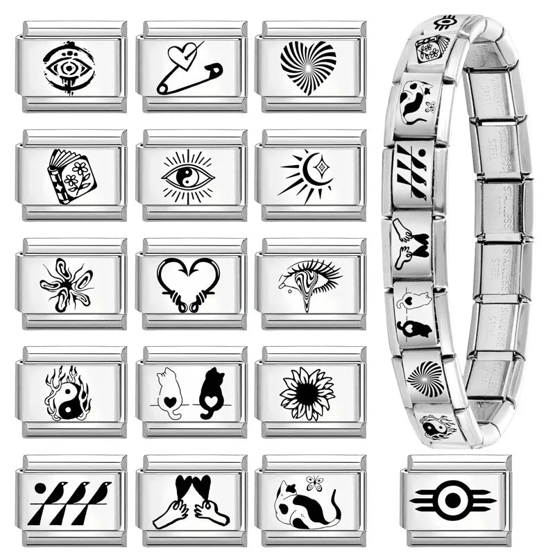 Creative Laser Engraving Taichi Eyes Sunflower Cats Birds Italian Charm Links Fit 9MM Stainless Steel Bracelet DIY Making Gift Qme