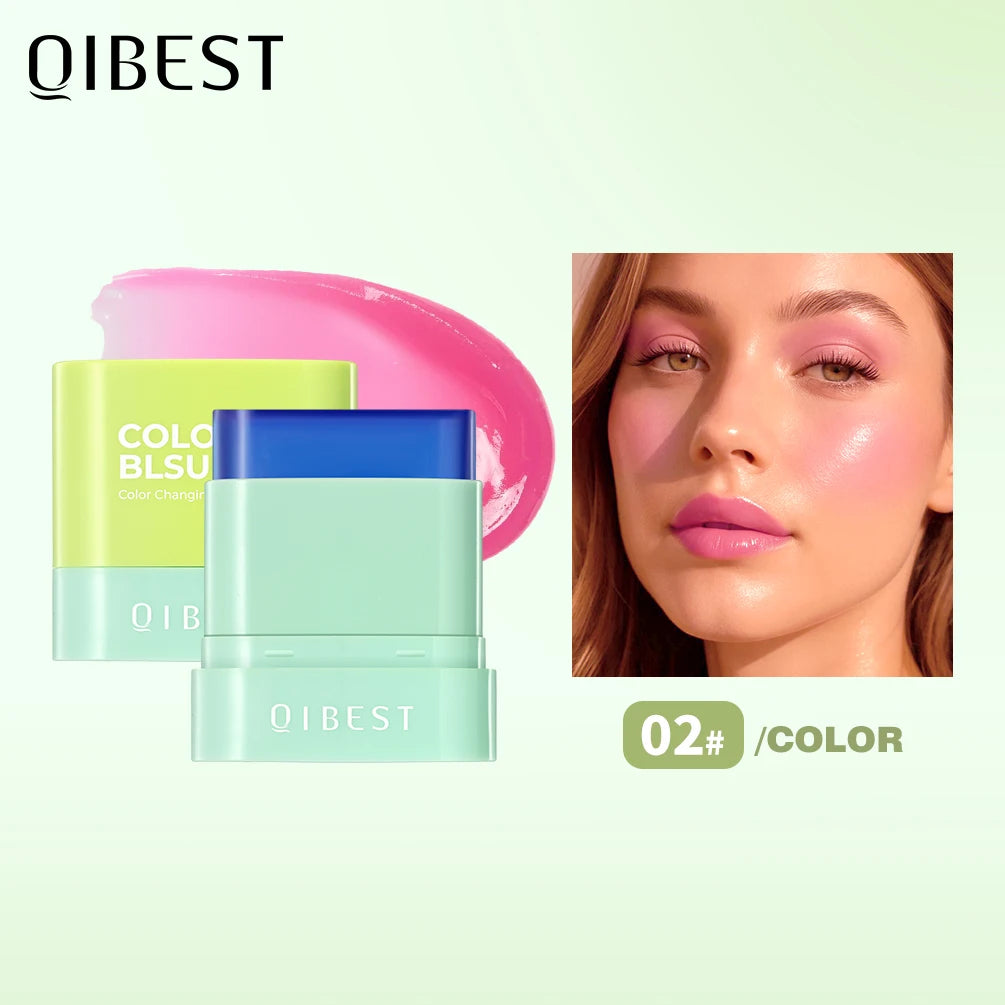 QIBEST 3 Colors Jelly Blush Stick Lip Balm Eyes 3-in-1 Multi-Use Matte Blush Moisturize Brighten Lipstick Watercolor Cosmetics Qme 02