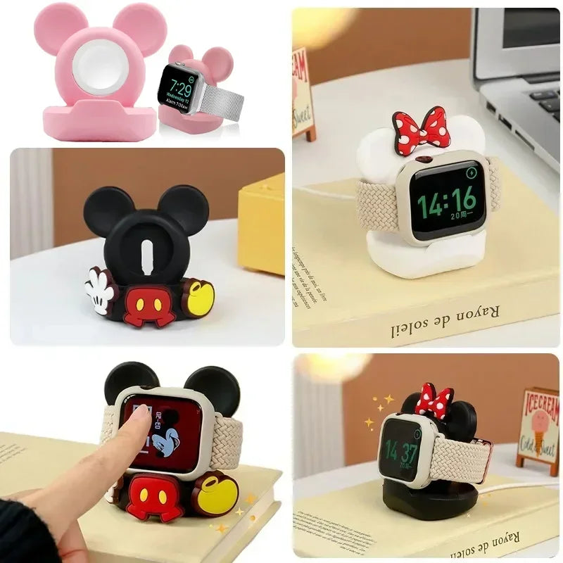 Mickey Mouse Charger Stand Minnie Desktop Holder for Apple Watch 9 8 7 6 5 4 iWatch 3 2 1 SE Cartoon Silicone Charging Base Qme