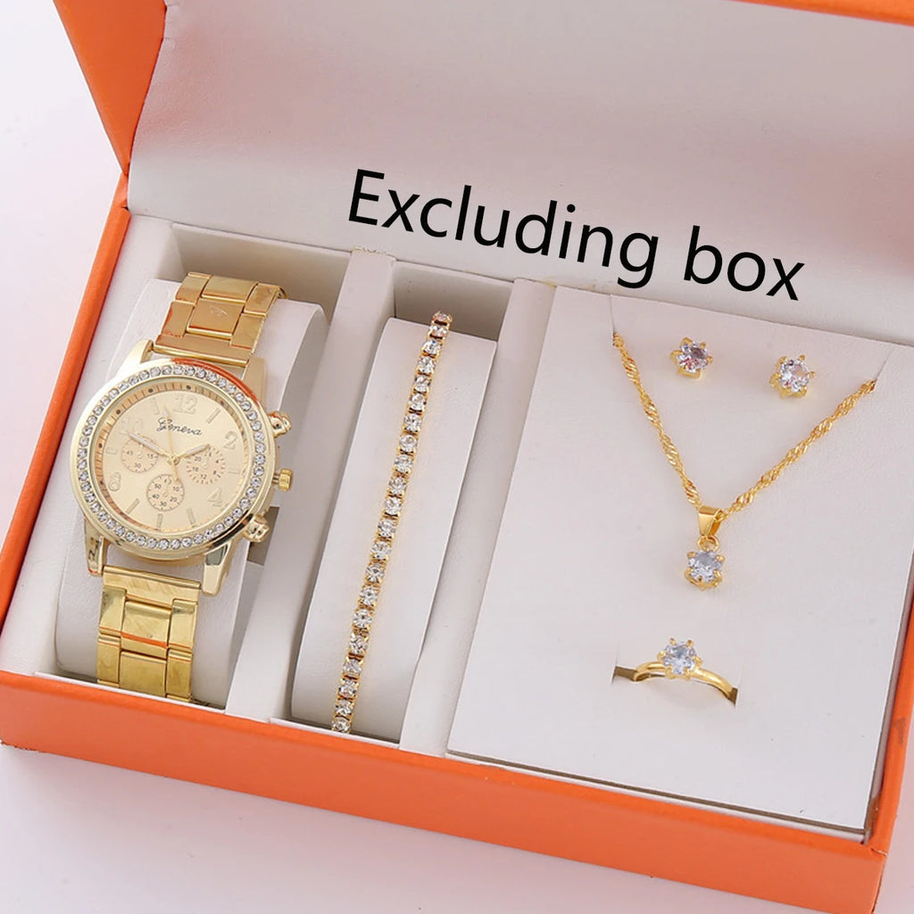 5pcs/set steel strip women's watch fake three eye women's casual Korean version quartz watch set Qme Gold set