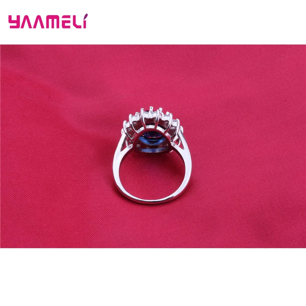 100% Authentic 925 Sterling Silver Color Women Wedding Engagement Jewelry Ring Classic Oval Flower Shiny Cubic Zircon Crystal Qme