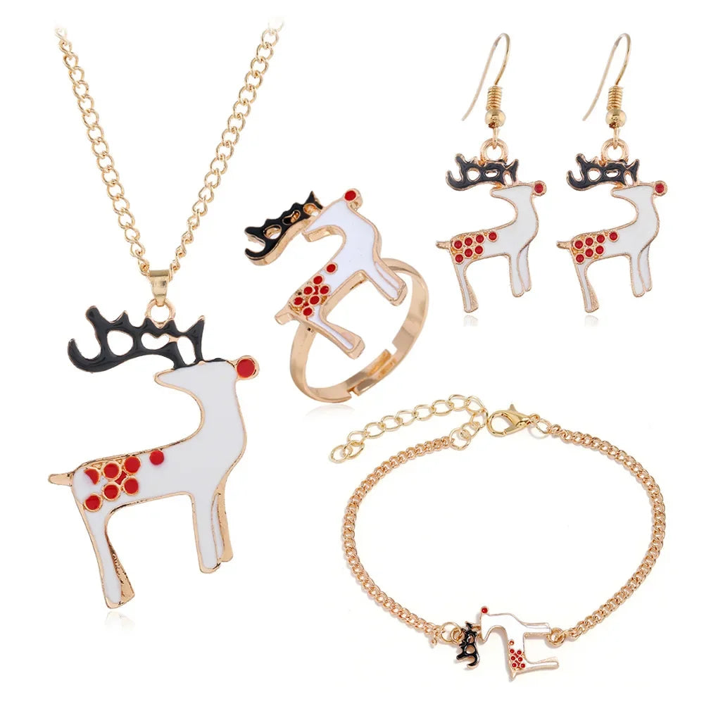 4PCS/Set Christmas Women Alloy Jewelry Set Santa Elk Bell Earrings Necklace Bracelet Decor Xmas Accessories Gift for Girl Women Qme Elk China Mainland