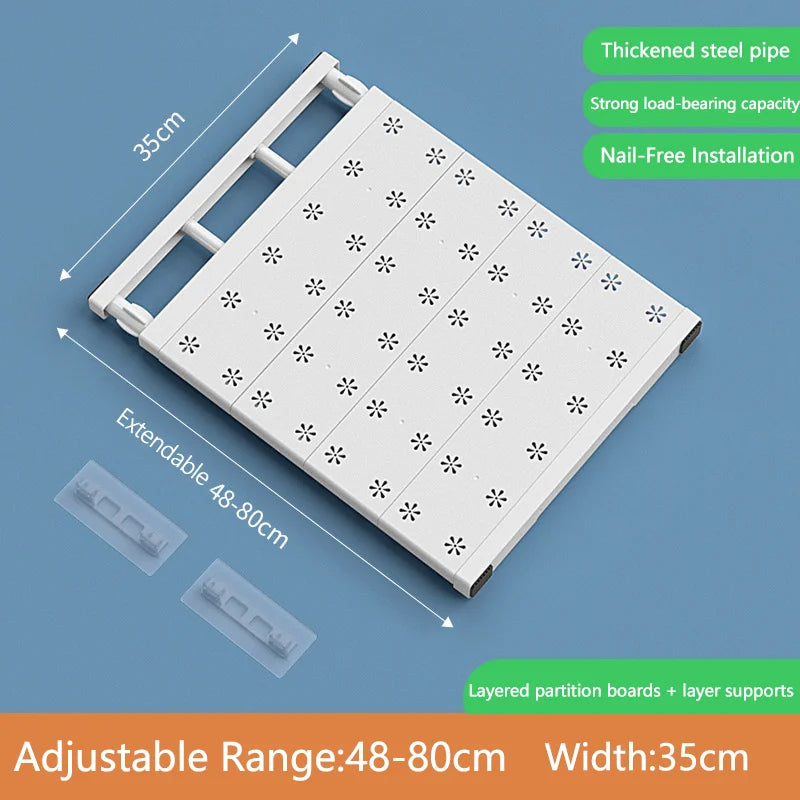 No-Drill Expandable Shelf Dividers Adjustable Wardrobe Cabinet Organizers Kitchen/Bathroom Storage Rack Dorm Space-Saving Qme 48-80cm 35cm