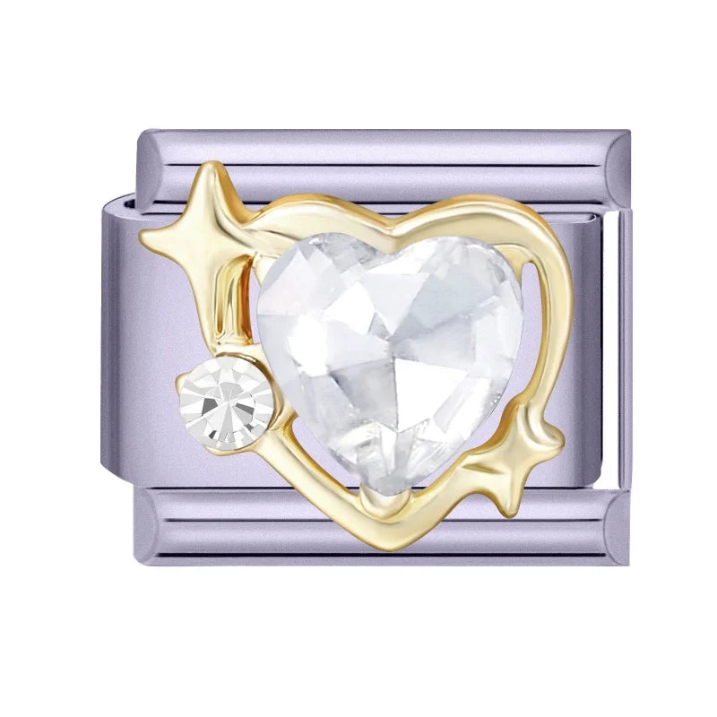 New Gold Color Zircon Heart Star Moon Bow Knot Italian Charm Link Fit 9mm Stainless Steel Bracelet Women Jewelry DIY Making Gift Qme Style 2