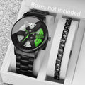 2PCS Fashion Men's Sports Watch Car Wheel Steel Strip Watch Men's Quartz Watch Set (Box free) Qme green No