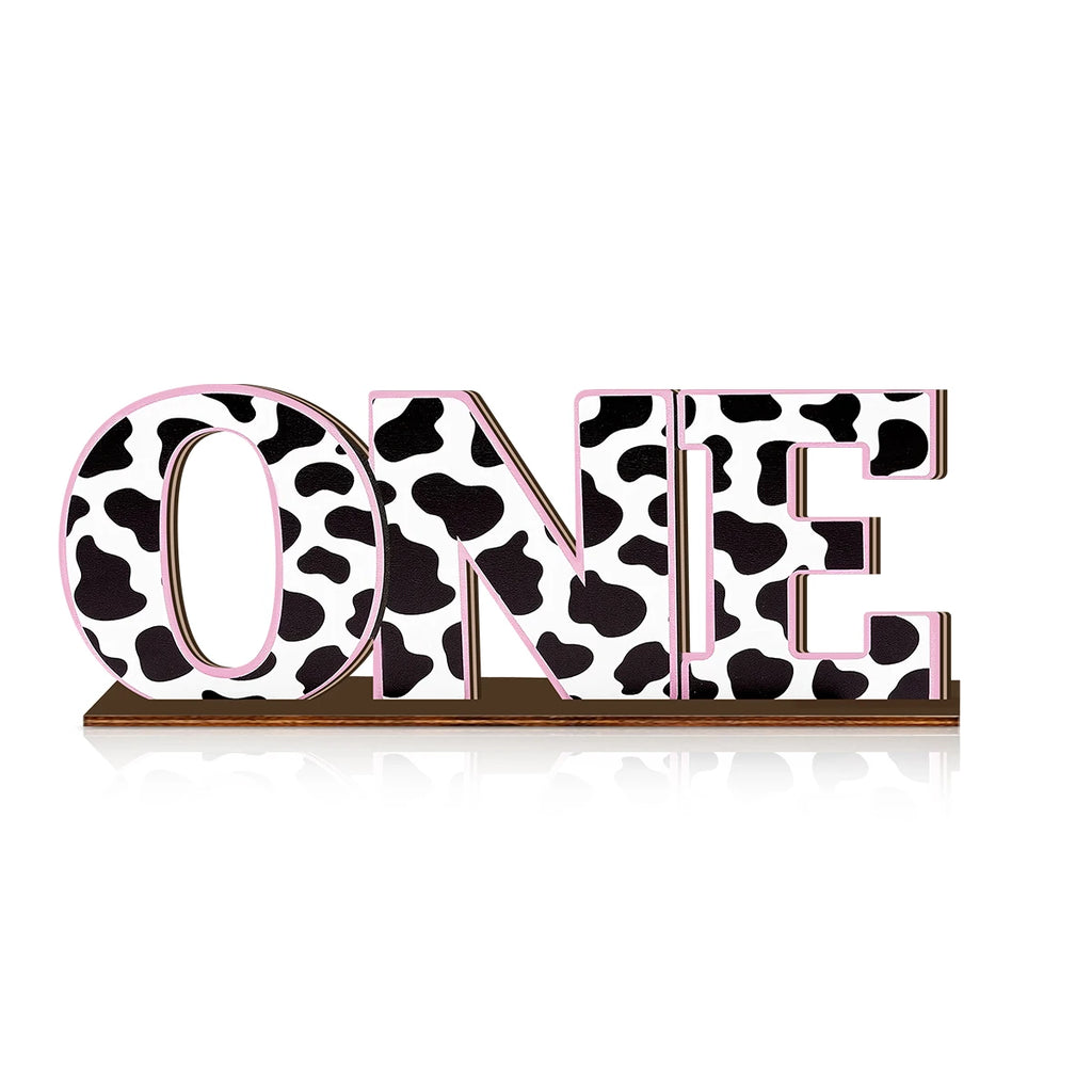 1SET 2D Black and White Cow Pattern Pink Edge "ONE" Letter Wooden Desktop Decoration, Birthday Party Desktop Decoration Qme