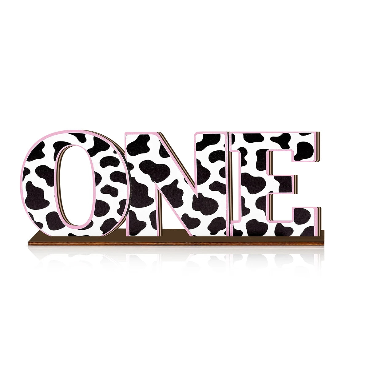 1SET 2D Black and White Cow Pattern Pink Edge "ONE" Letter Wooden Desktop Decoration, Birthday Party Desktop Decoration Qme