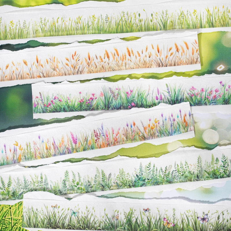2m/Roll Cute Green Grass Flowers PET Tape Paper Decorative Journaling Adhesive Masking Tape Scrapbooking Craft Diary Stationery Qme