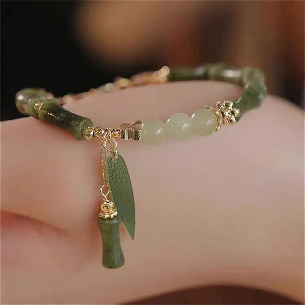 1Pcs Handmade Creative Sense Green Color Natural Stone Bamboo Joint Leaves Tassel Beads Strand Beaded Bracelet Women Accessories Qme green