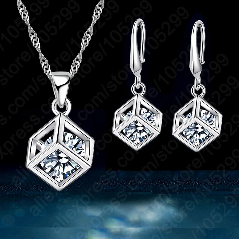 Trendy Design Jewelry Set For Women 925 Sterling Silver Color Jewelry Set Square Pendant Necklace Earrings Wholesale Promotion Qme