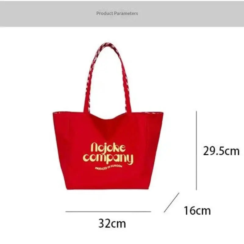 Cute Large Capacity Red Canvas Tote Bag Perfect For Commuting School Shopping Outings Qme