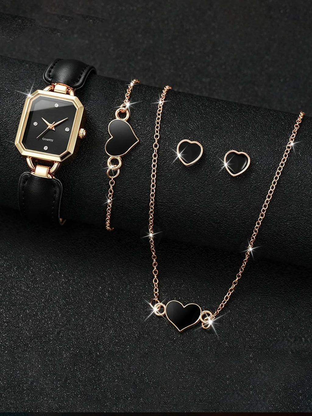 5-piece set of Mirad watches for women with a niche high-end feel, square bracelet style spliced quartz watch set Qme black No