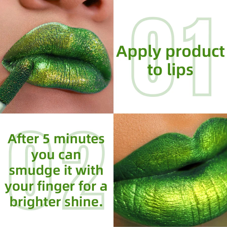 Green Glitter Lip Glaze Waterproof Long Lasting Gloss Bold&intense Qme