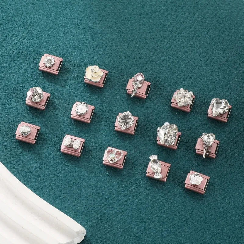 2025 New Sweet Zircon Bright Flowers Heart Bows Pink DIY Making Bracelet Women Men Stainless Steel 9mm Italian Charm Links Fit Qme