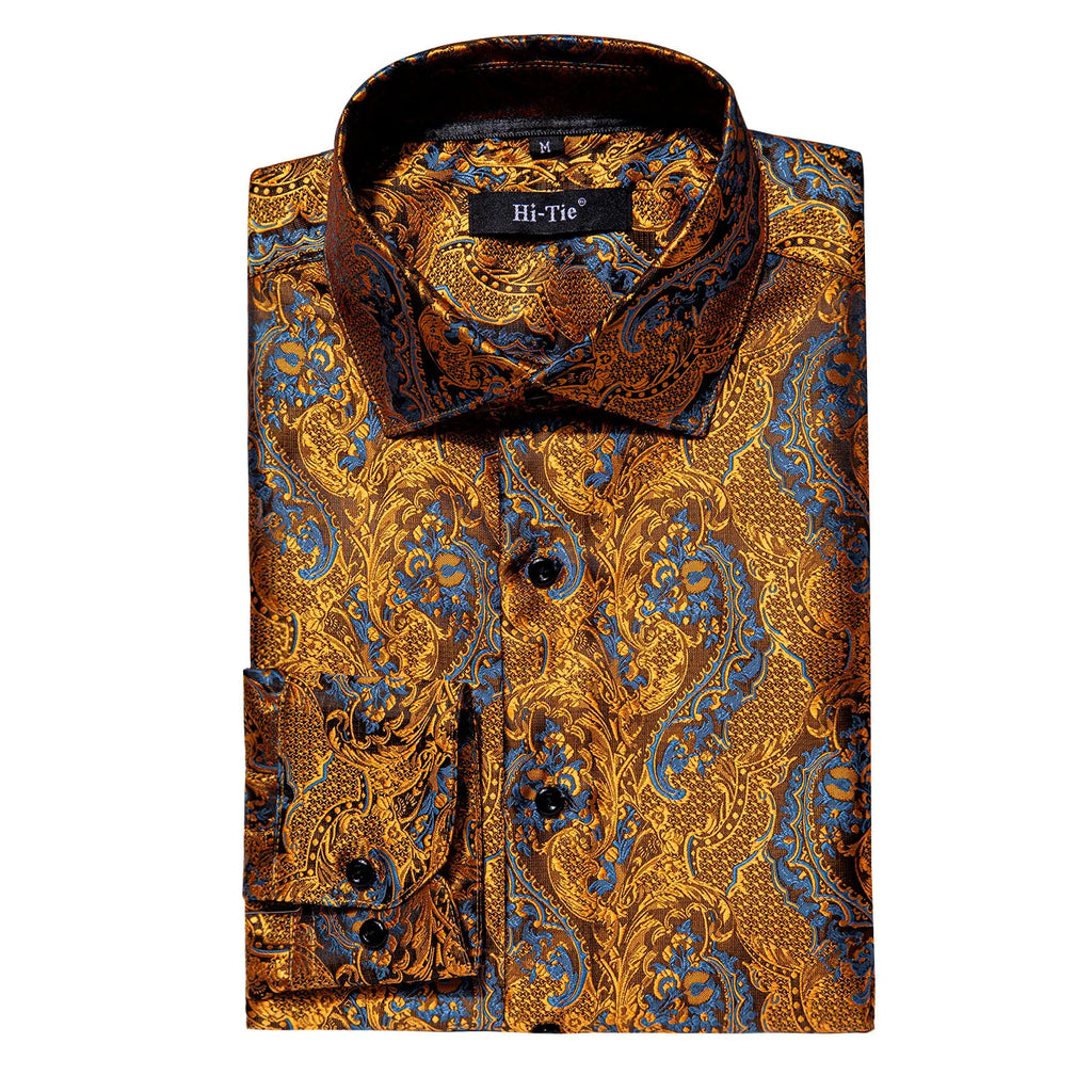 Hi-Tie Fashion Mens Silk Shirts Long Sleeve Gold Blue Paisley Jacquard Lapel Shirt Casual Formal Wedding Business Party Gifts Qme