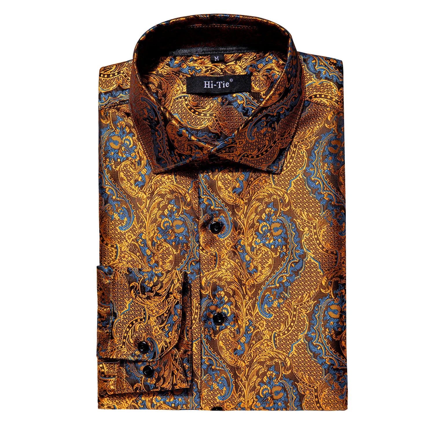 Hi-Tie Fashion Mens Silk Shirts Long Sleeve Gold Blue Paisley Jacquard Lapel Shirt Casual Formal Wedding Business Party Gifts Qme