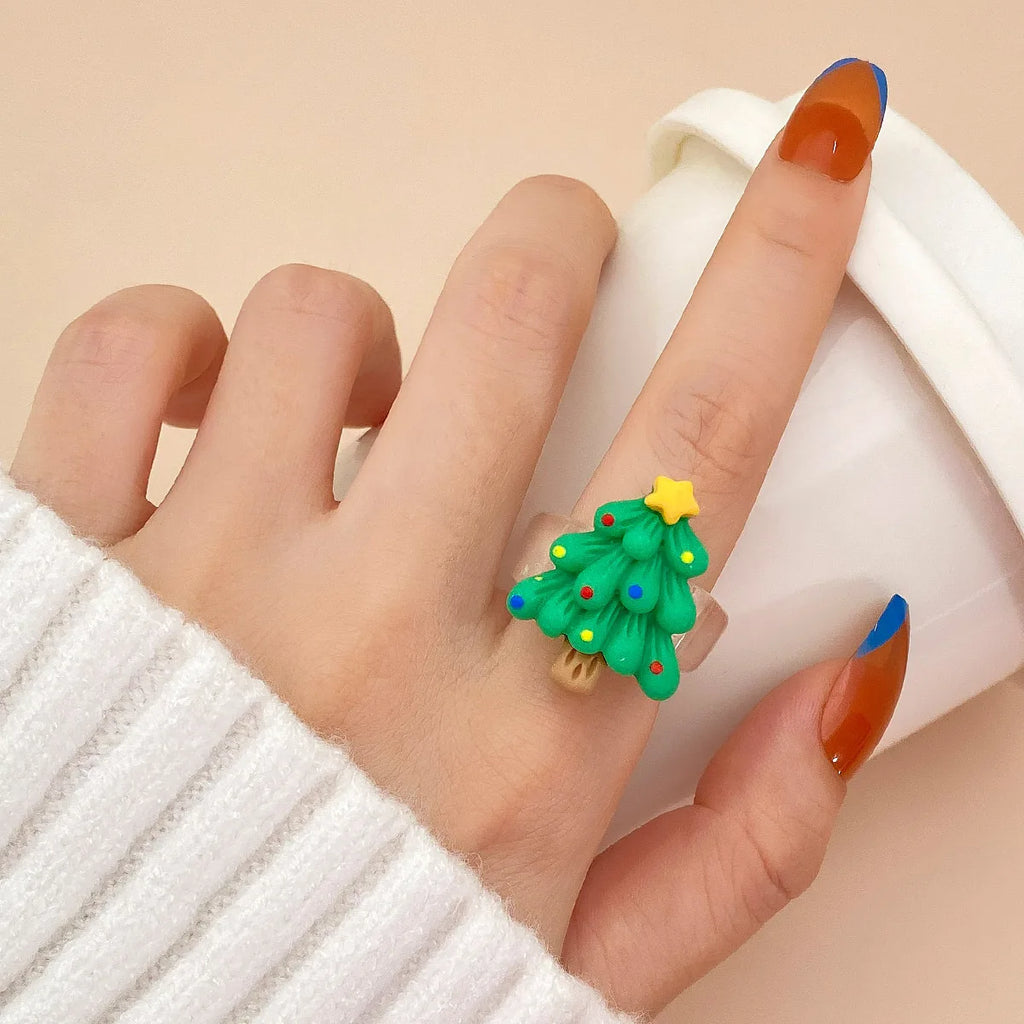 Cartoon Christmas Ring for Women Kid Cute Elk Snowman Star Tree Pendant Finger Ring Hand Party Jewelry New Year Friendship Gift Qme 5 Size 7