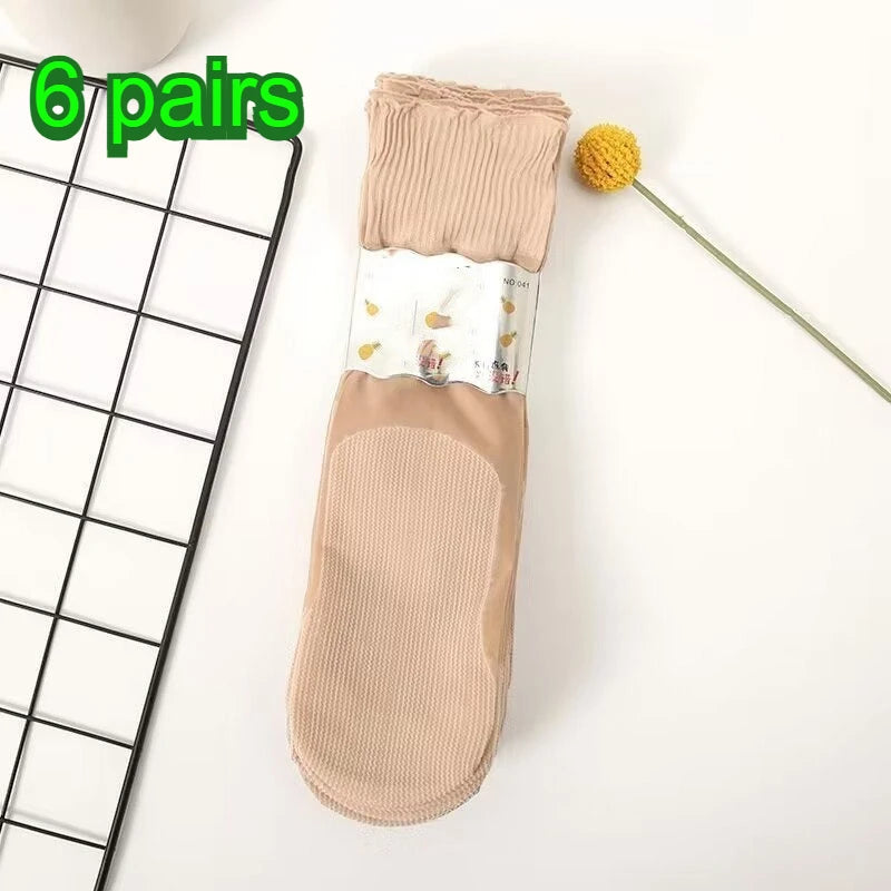 Women's Non-Binding Sheer Socks ， Thin Ankle Socks with Cotton Sole, Breathable Loose Top Socks for Summer Daily Wear Qme Light beige 6pairs One Size