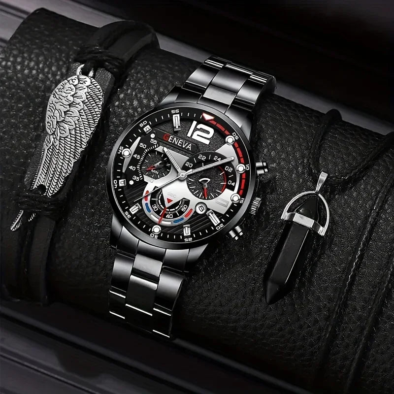 3pcs/set, Fashion Men's Business Quartz Watch & Casual Wing Bracelet & Hexagonal Pendant Necklace Qme 1 No