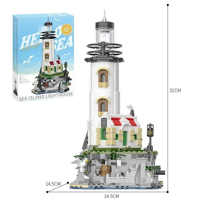 Sea Island Electric Lighthouse Building Blocks Fisherman's Hut Glowing Lighthouse Assembly Model Bricks Desktop Ornaments Gifts Qme Gift Box