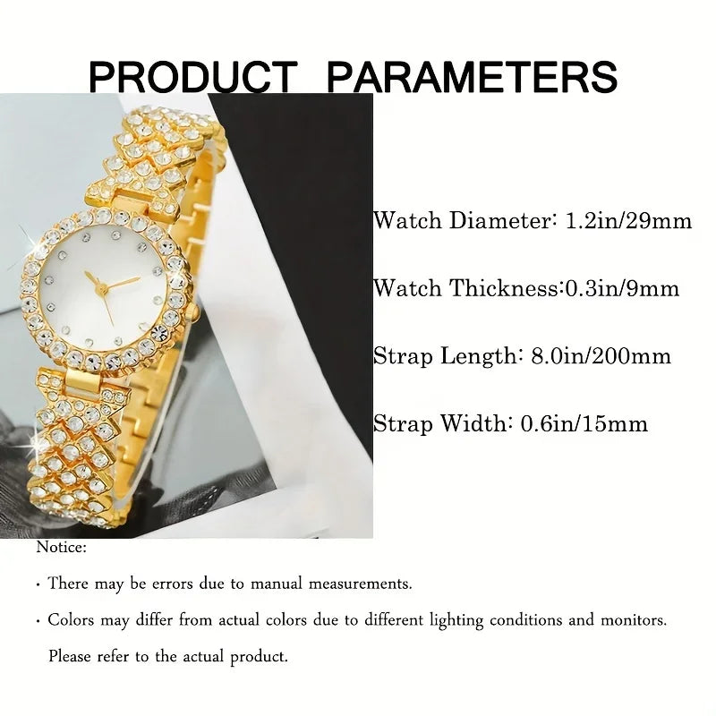 1pc Rhinestone Decor Quartz Watch Casual Round Pointer Analog Wristwatch & 5pcs Jewelry Set, Gift For Mom/Girlfriend Qme