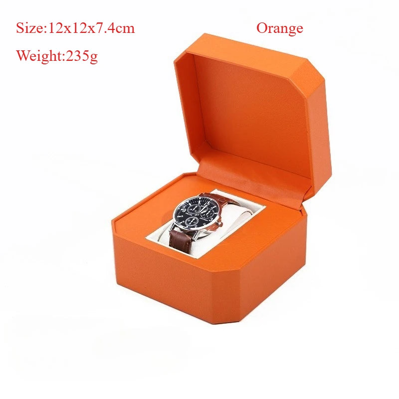 Vintage PU Watch Case Leather Octagonal/Arc Shaped Gift Watch Storage Box Stylish Watch Container Watch Display Box Qme WBO-Orange