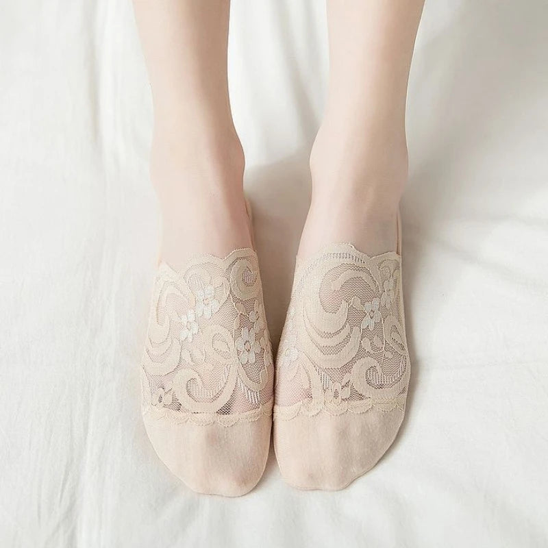 New Women Socks Slippers Non-slip Breathable Cute Lace Invisible Socks Sexy Non-slip Cool Thin Socks Fashion Black Boat Socks Qme Beige size eur 34-42