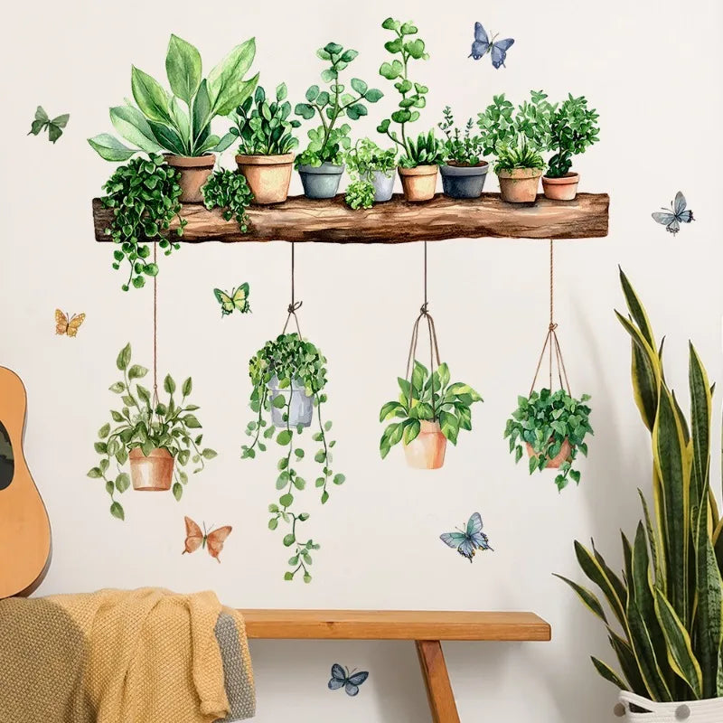3D Potted Green Plant Shelf Wall Decals Botanical Tropical Succulent Qme