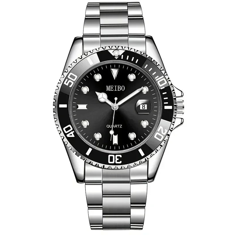 1pc Luxury Men Silver Stainless Steel Water Proof Automatic Luminous Rotatable Bezel Mens Watches Qme