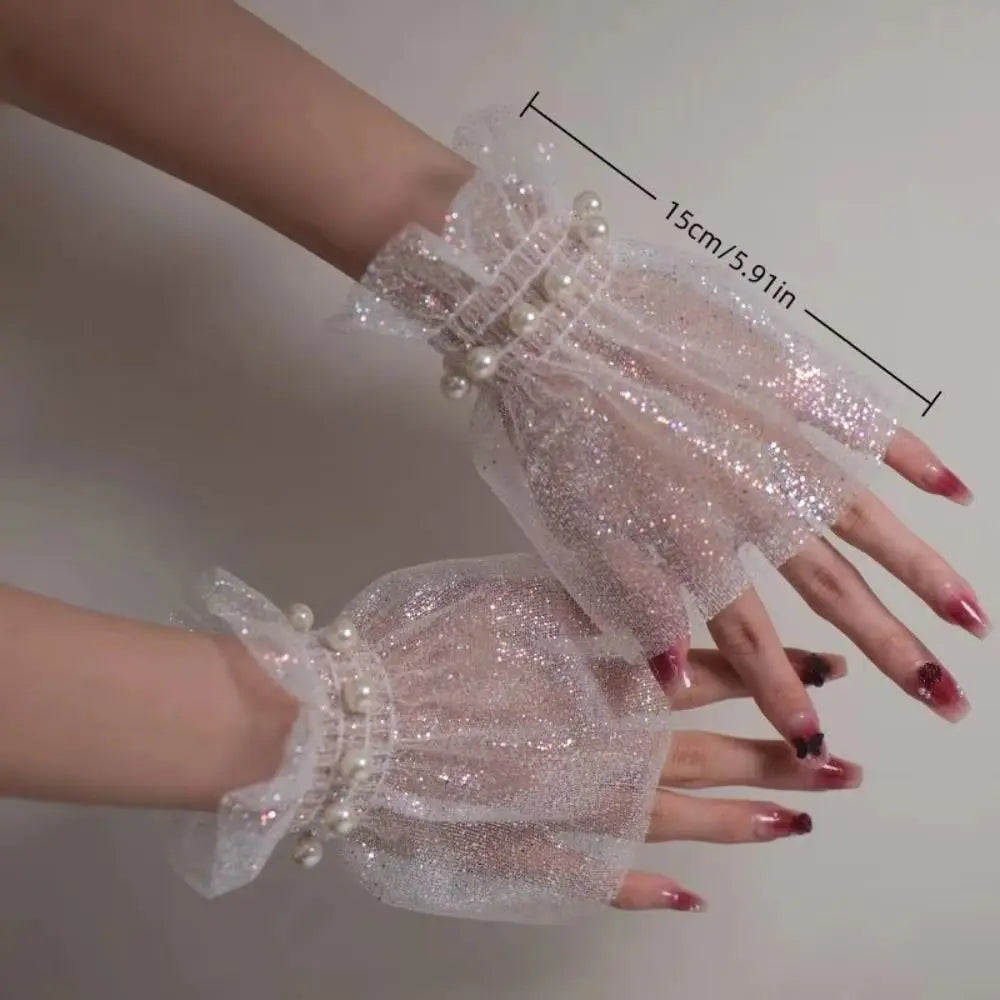 Short Length Wrist Fake Sleeves Tulle Sequin Nail Art Background Qme