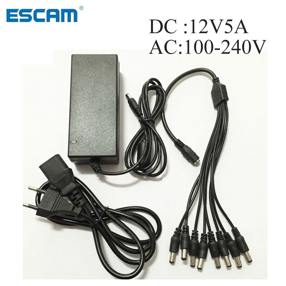 DC 12V 5A Power Supply Adapter + 8 Split Power Cable for CCTV Security Camera DVR Analog AHD TVI CVI camera DVR Systems Qme US Plug China Mainland