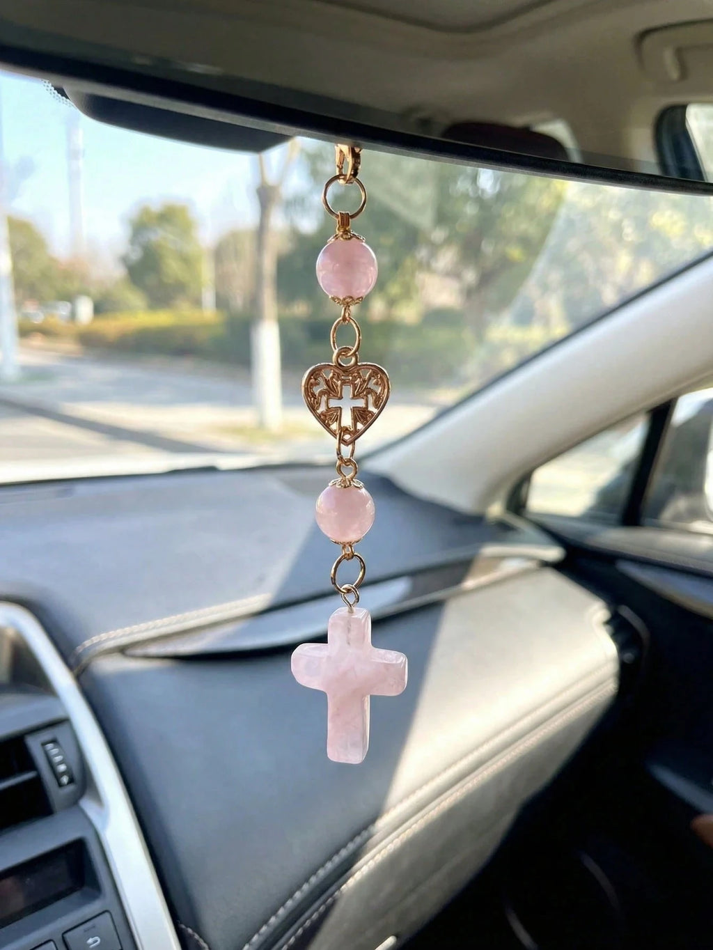 Natural Crystal Cross Car Rearview Mirror Decoration Heart-shaped Qme