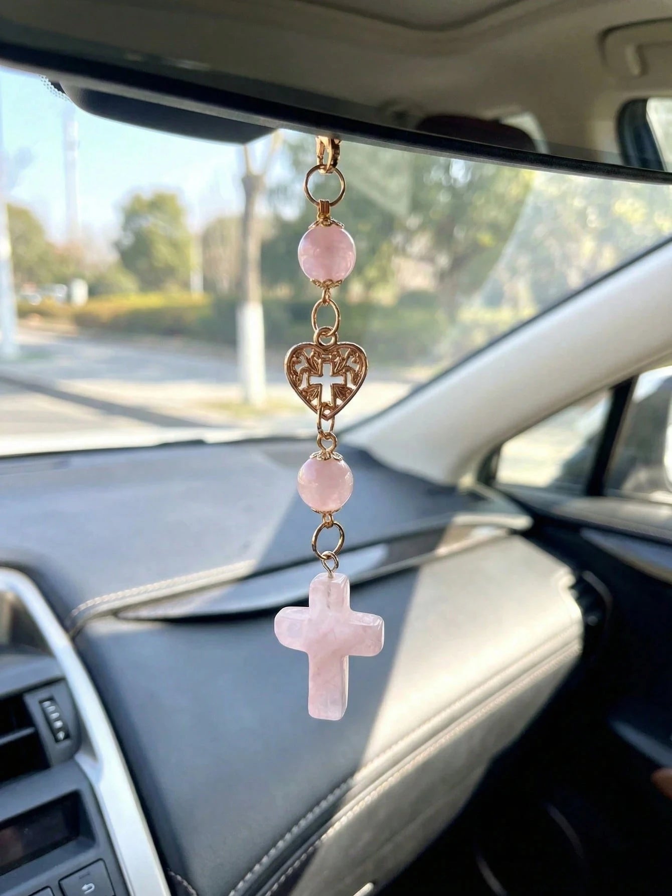 Natural Crystal Cross Car Rearview Mirror Decoration Heart-shaped Qme