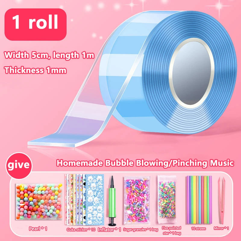 Kids Gifts PET Nano Glue DIY Blow Bubble Double Sided Tape Sticky Qme A7