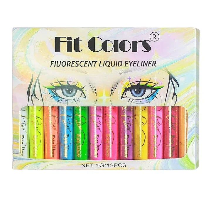 12Colors Liquid Eyeliner Neon Colored Halloween Liner Eyeliner Pen Waterproof UV Blacklight Fluorescent Face Body Paint Makeup Qme 12Colors Kit