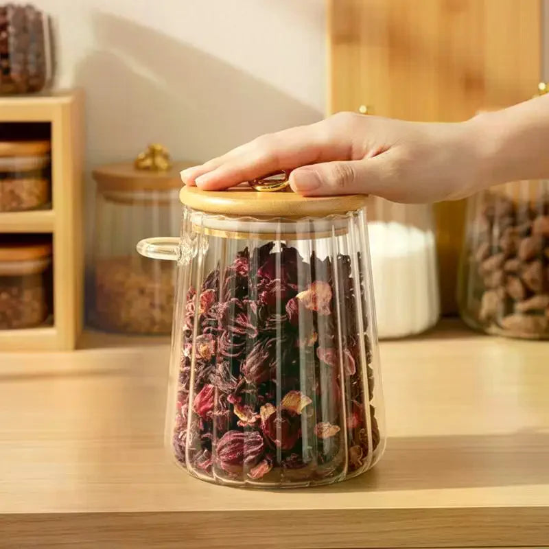Clear Glass Food Containers with Wood Lid and Spoon Kitchen Storage Jar Sealed Cans for Loose Tea Candy Cereal Organizer Qme