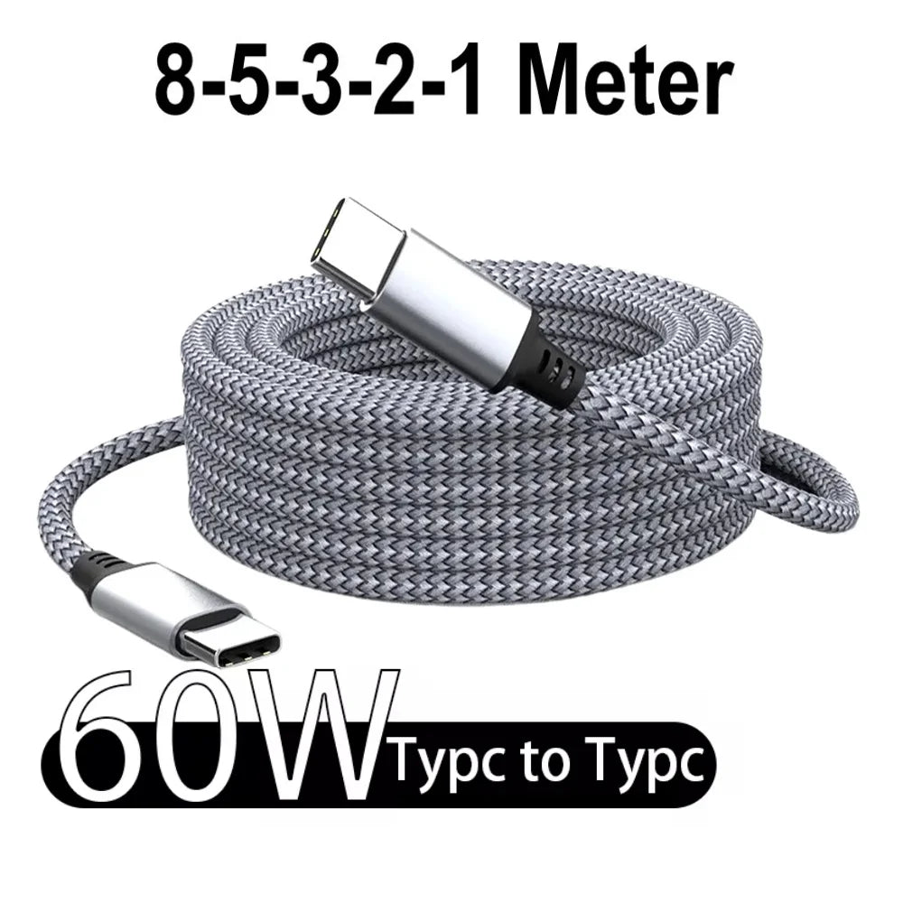 60W USB C To C Cable PD Fast Charger Data Cord Universal Extended 1M 2M 3M 5M 8M Nylon Braided Wire For IPhone16 Xiaomi Huawei Qme