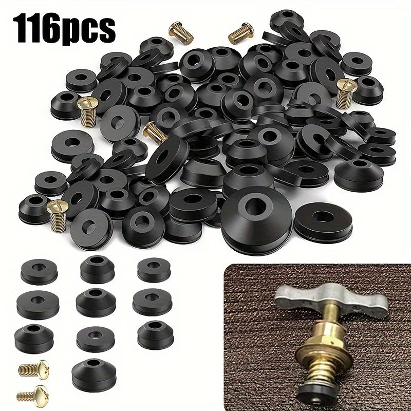 116Pcs flat and beveled faucet washer and brass faucet screw combination for various quick-opening faucet spool wear washer Qme