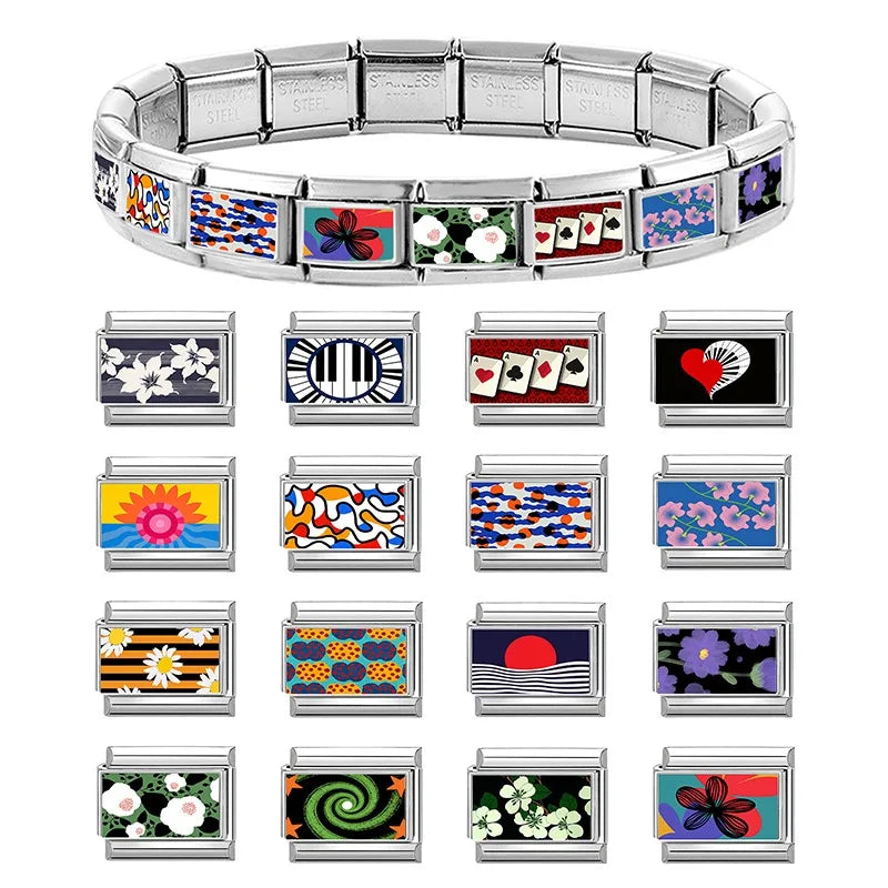 2026 Creative Colorful Pattern Sun Daisy Piano Red Poker Italian Charm Links Fit 9mm Stainless Steel Bracelet DIY Making Jewelry Qme