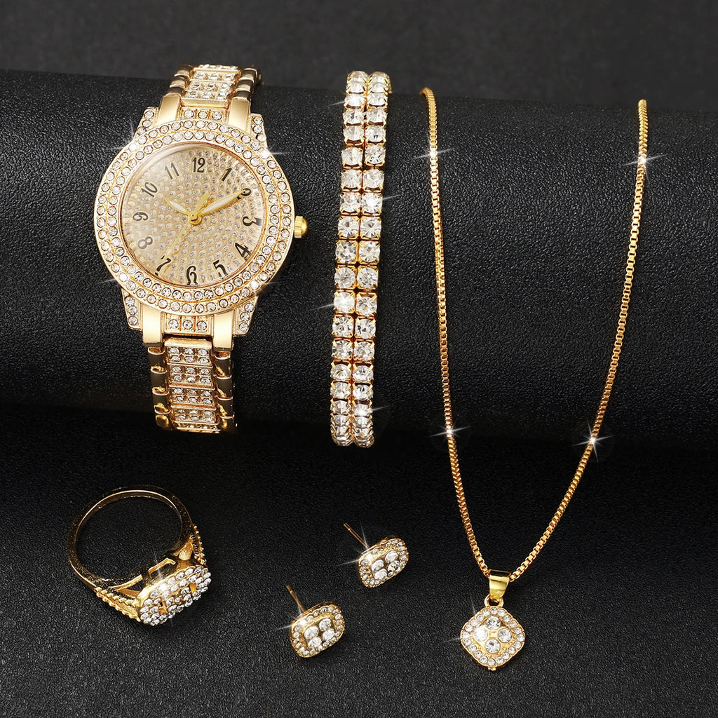 6peçmodacheia de diamantes relógio feminino pulseira de aço dourado relógios de quartzo analógicos conjunto de joias (sem caixa) Qme