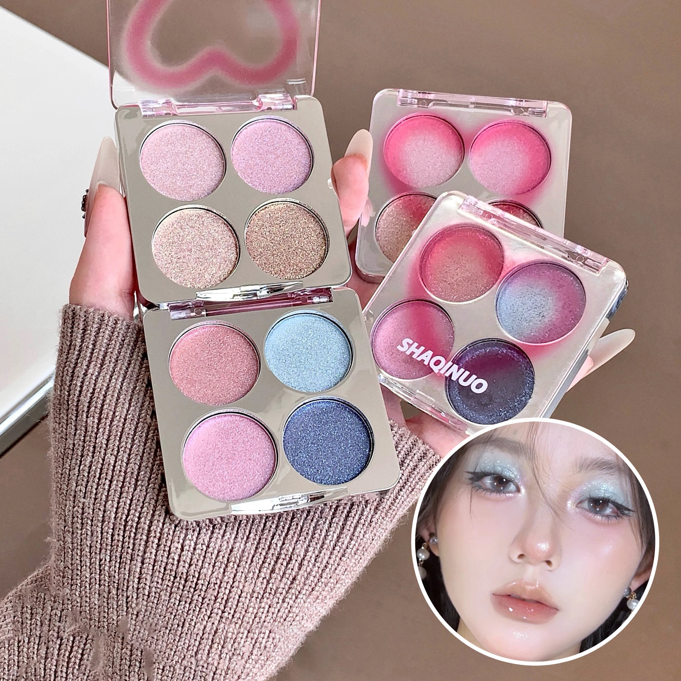 4-Color Glitter Eyeshadow Palette SHAQINUO Pearlescent Shimmer Qme